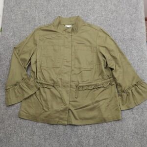 J Jill Jacket Womens XL Olive Green Utility Flare Sleeve Ruffle Detail Button Up